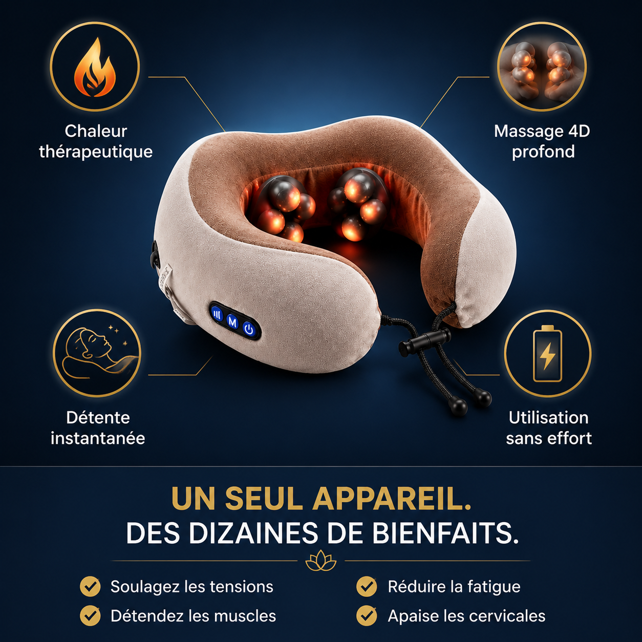 Coussin Massant Nuque Électrique — Le Massage Shiatsu Professionnel que Vous Pouvez Emporter Partout, Rechargeable et Sans Fil